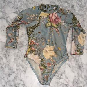Zimmermann Floral Long Sleeve Rashguard Swim One Piece 2Y
